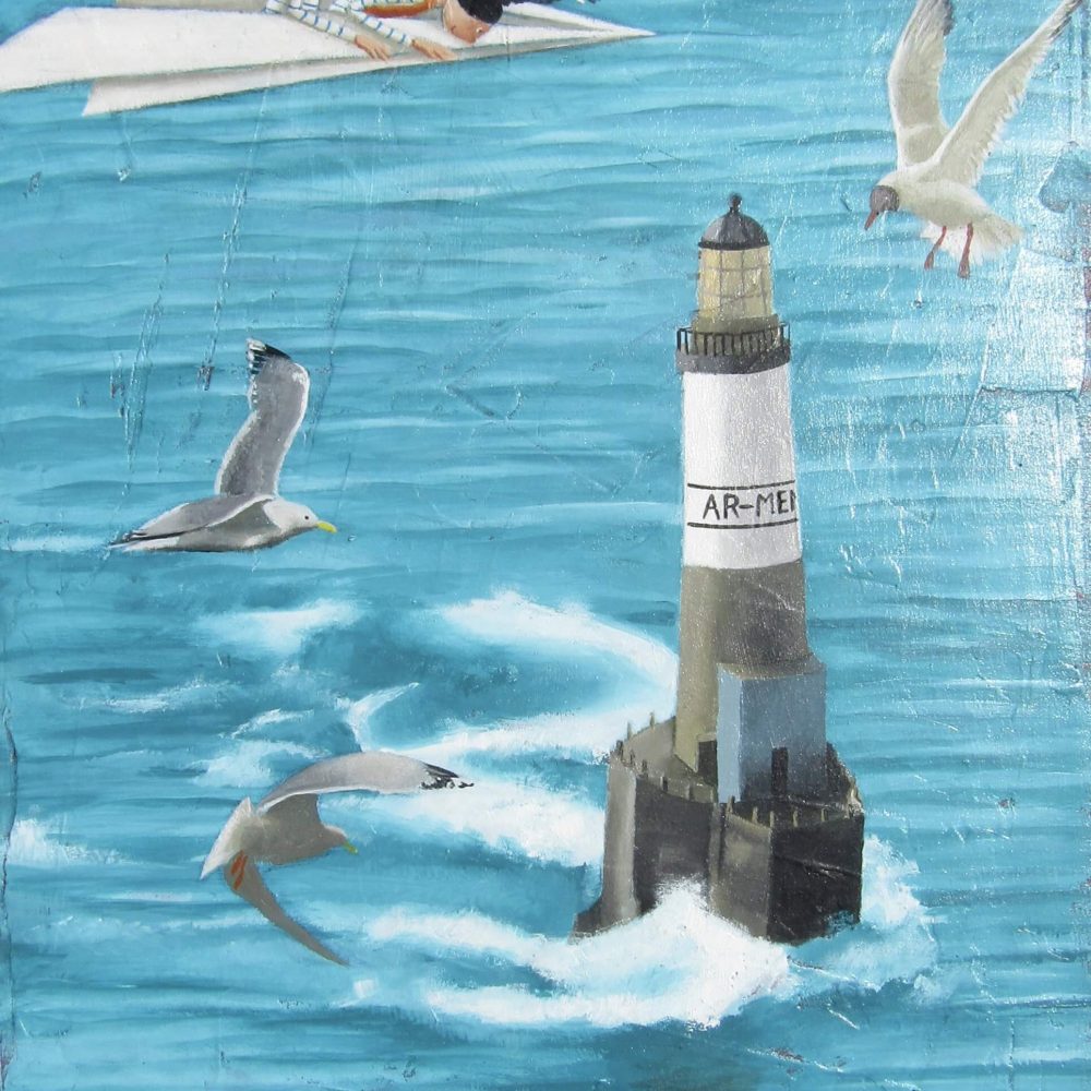 Éline et Tomis autour du phare d'Ar Men, illustration de Nolwenn Languille