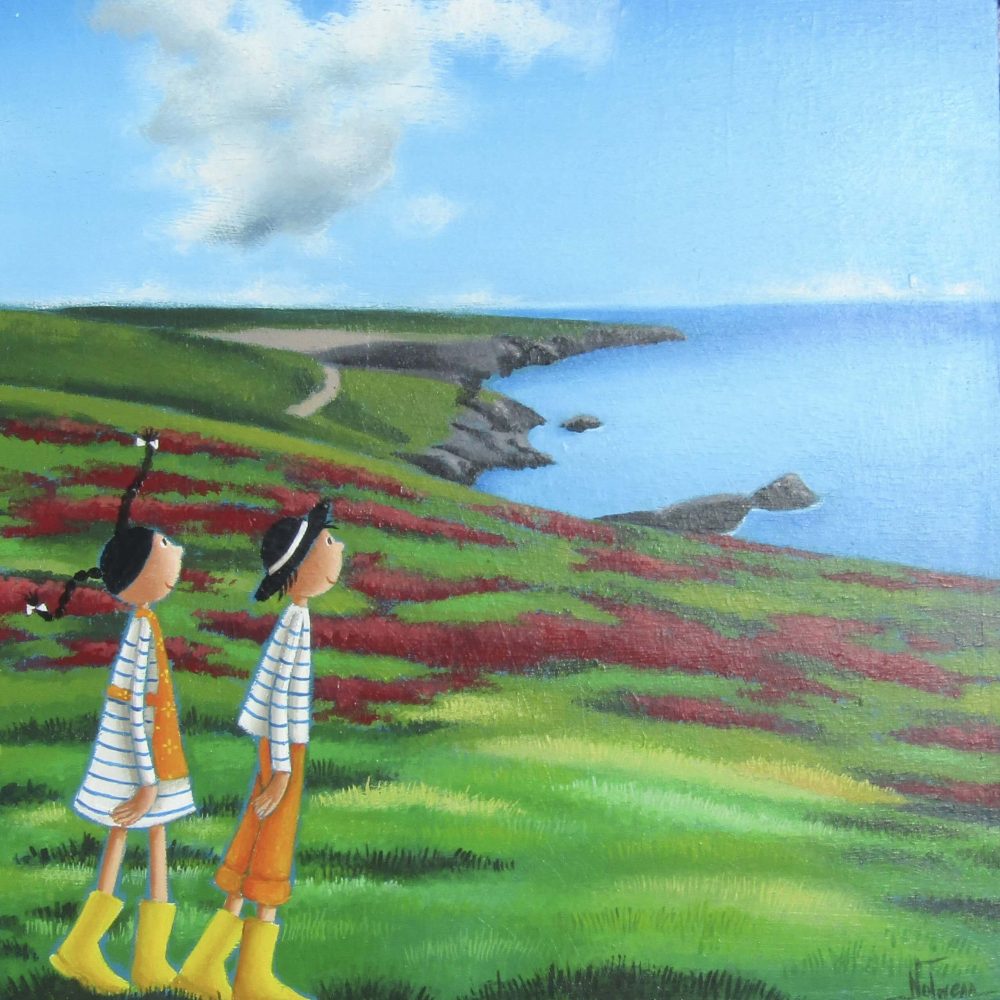Éline et Tomis sur la falaise de Belle-Île, illustration de Nolwenn Languille