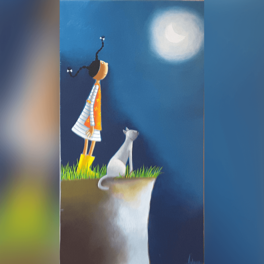 Éline et son chat - Peinture sur toile de Nolwenn Languille.