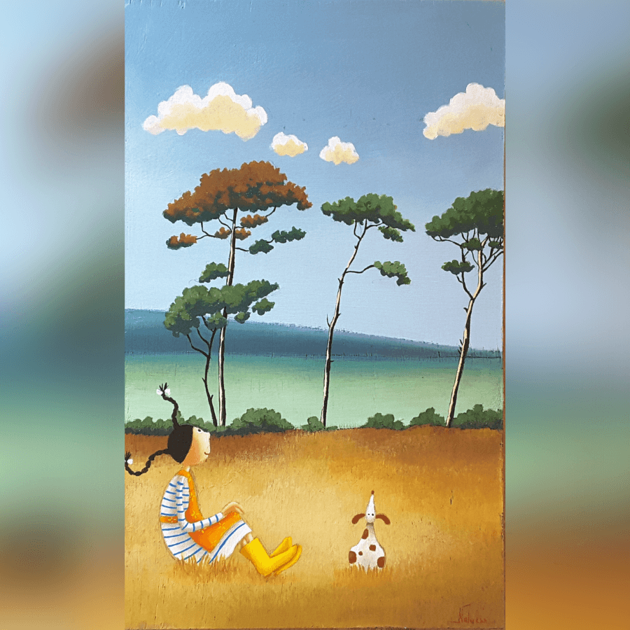 Éline, son chien devant les pins : illustration de Nolwenn Languille