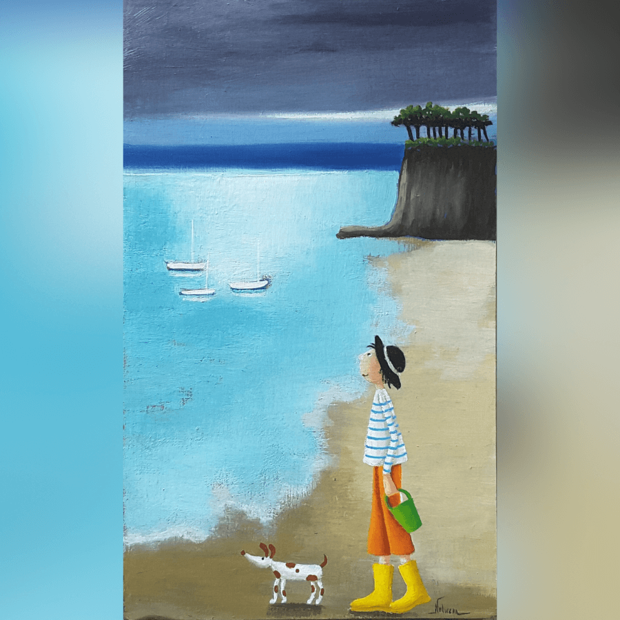 Tomis à la plage après l'orage. Illustration de Nolwenn Languille.