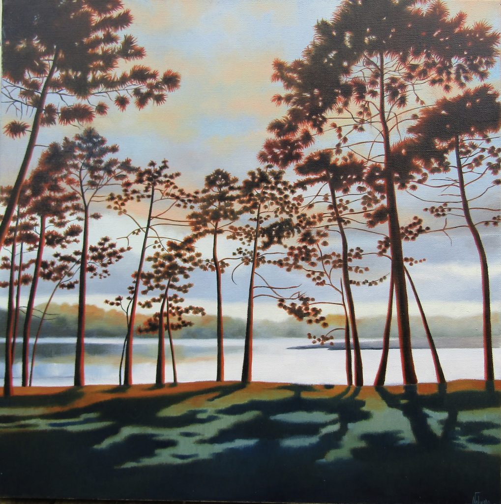 Paysage peinture à l'huile forêt de pins et bord de mer.