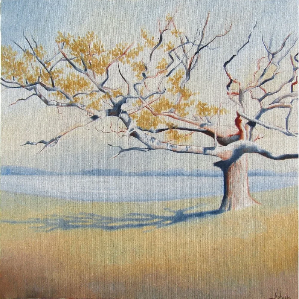 tableau arbre feuilles dorées paysage lumière peinture à l’huile