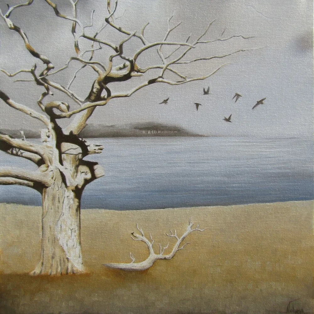 tableau arbre solitaire oiseaux paysage peinture à l’huile