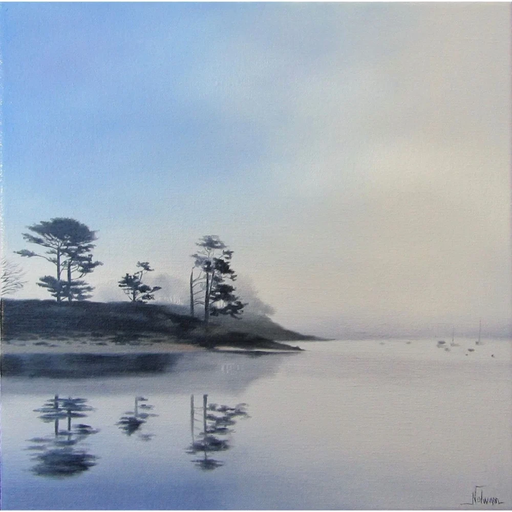 tableau paysage îlot lac brume pins peinture à l’huile