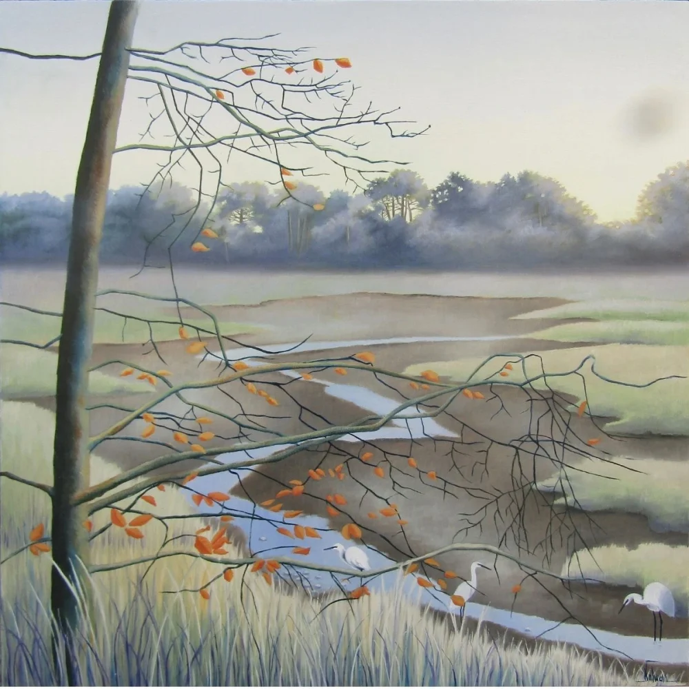 tableau paysage automne branches feuilles eau peinture à l’huile bois