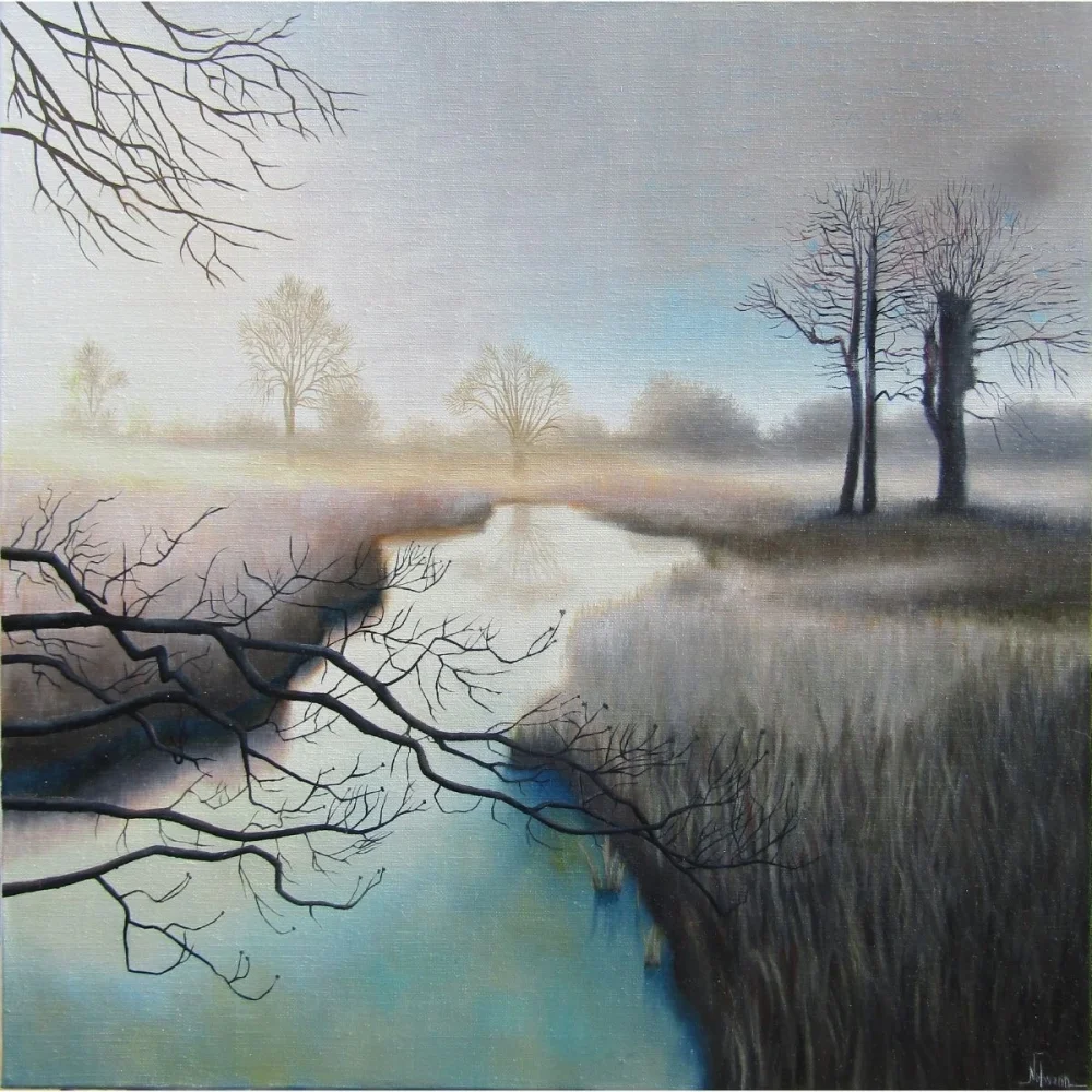 tableau paysage hiver rivière reflets arbres nus peinture à l’huile