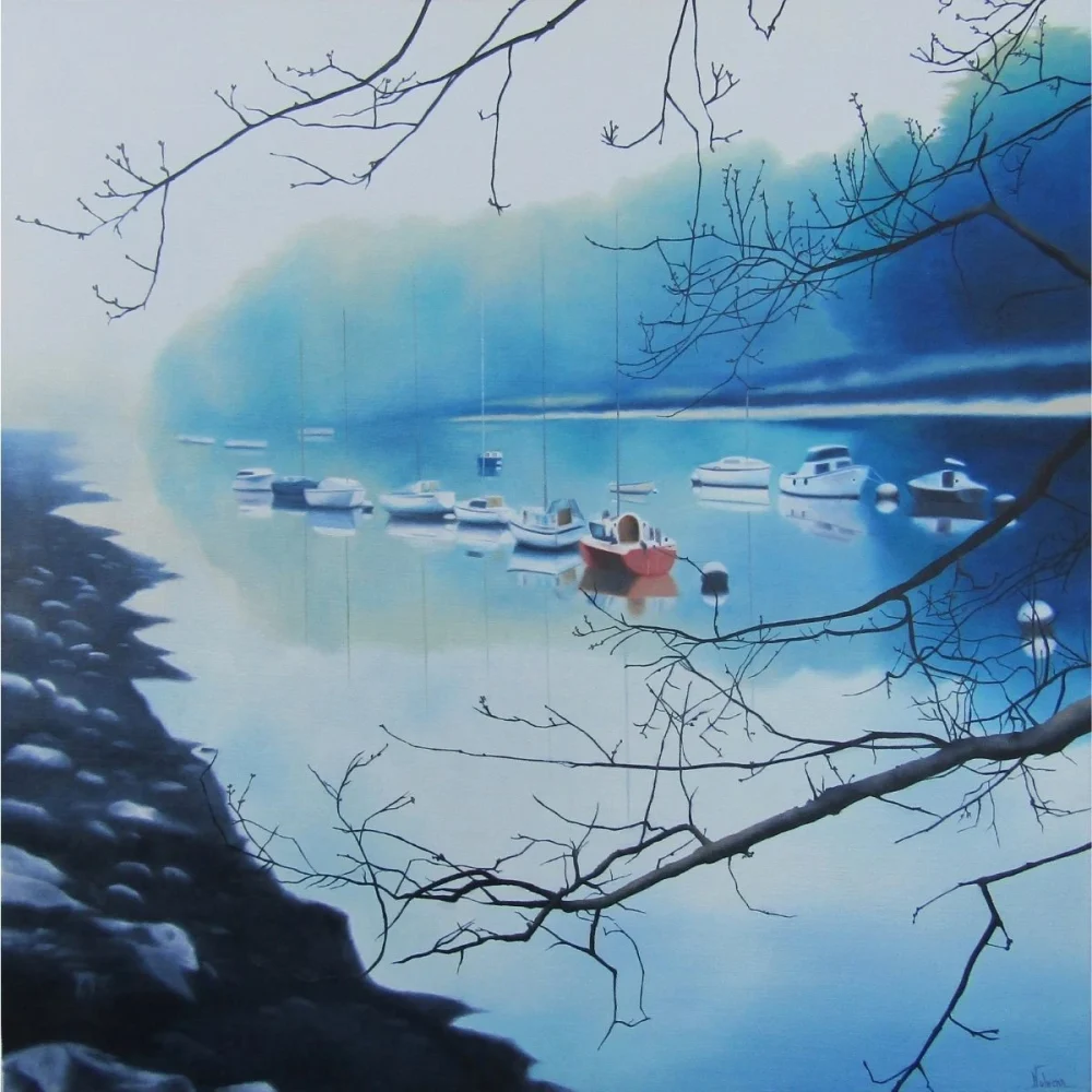 tableau paysage lac brume avec barques peinture à l’huile bleue