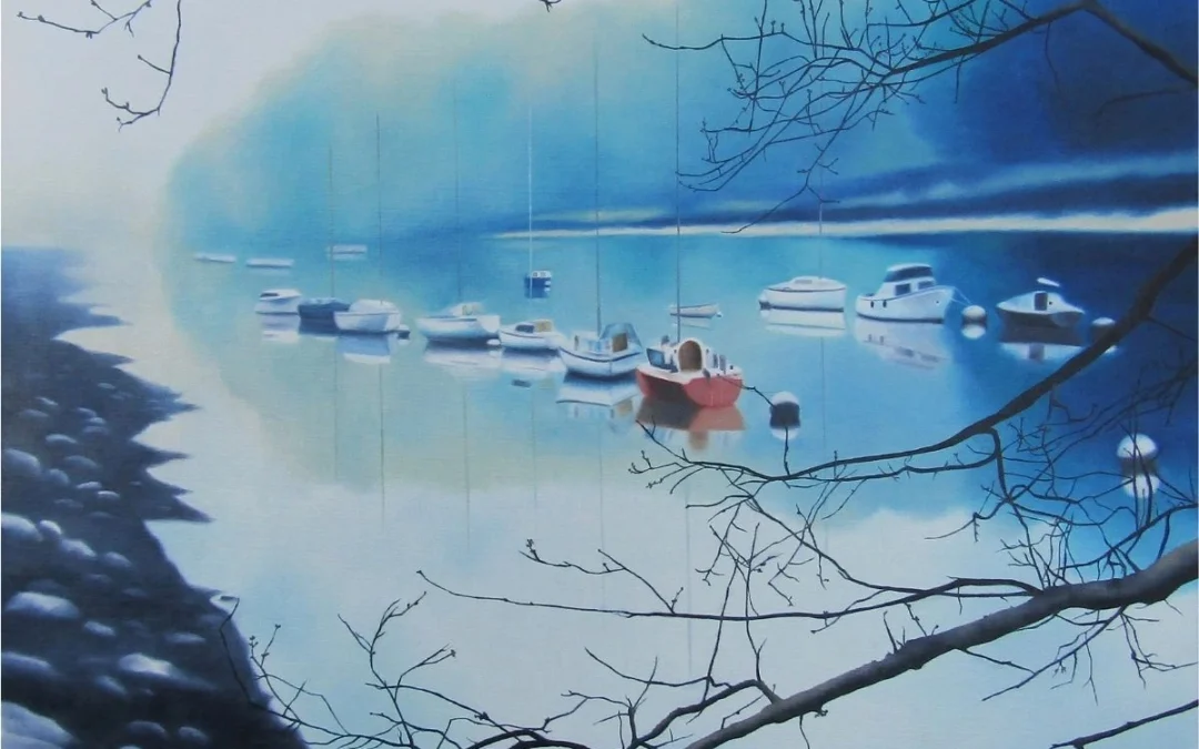 « Bras de mer » : mer brumeuse et bateaux – Peinture paysage bleu (#19)