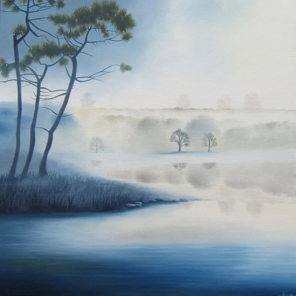 tableau rivière brume paysage minimaliste bleu peinture à l’huile